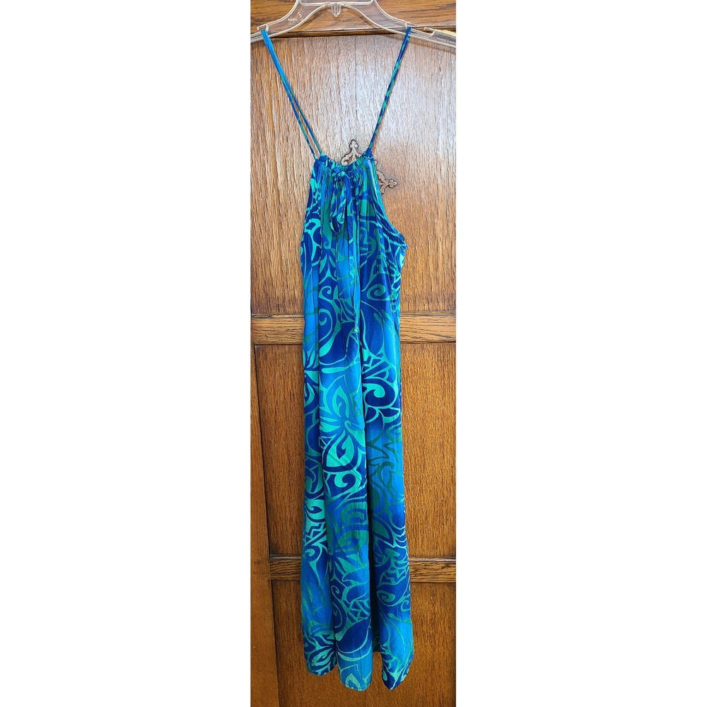 Hilo Hattie Tribal Tiare Spaghetti Strap Midi Dress XL Blue Green Tropical Rayon